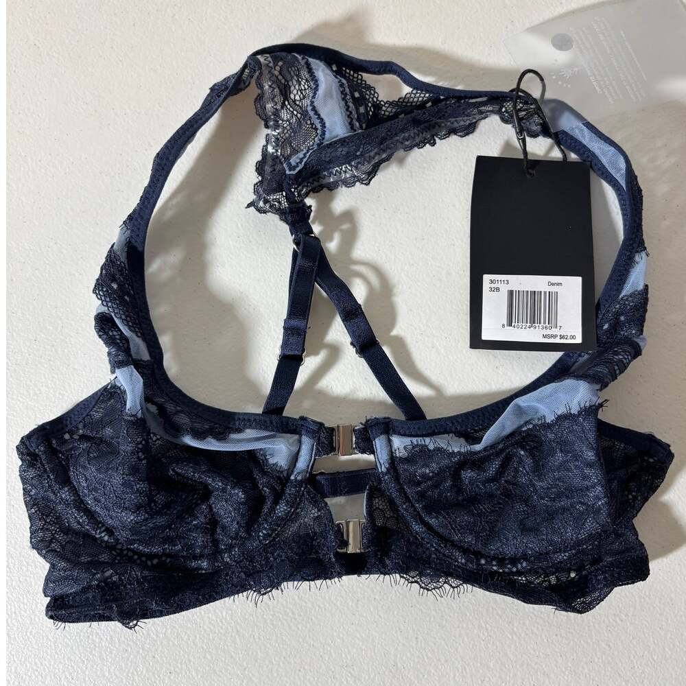 Thistle & Spire NWT Size 32B Strappy Blue Lace Bra Front Closure Underwire